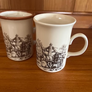 80&#39;s Vintage Collectable Churchill Fine Staffordshire Earthenware Set x 2 Collectable Country Mugs Coffee -Tea Set Made In England