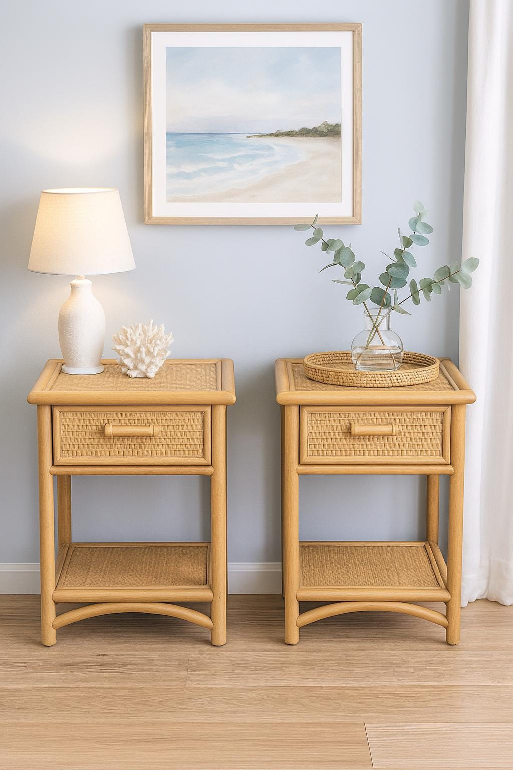 Vintage Rattan Bedside Tables (Pair) Boho Coastal Nightstands with Drawer & Shelf –Retro Wicker Side Tables Set of 2 P/Up only Victoria 3150