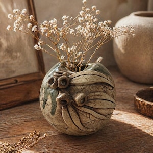 May include: A handmade, spherical ceramic vase with a textured, earthy design. The vase has a small opening and is decorated with carved details and a subtle green glaze. It contains dried, delicate white flowers, creating a natural, rustic aesthetic.