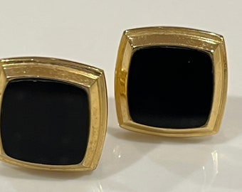 1980's Vintage Collectable Men's Cuff links Brushed Gold & Black Etched Detail Heavy Old School Men's Accessories Suit Tie Cuff Links