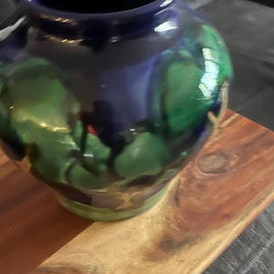 Studio Art Pottery  Vase,  Hand Glazed Ceramic Planter Drip Glaze Blue and Greens Taupe and Burgundy
