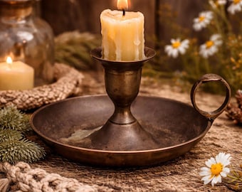 Vintage Brass Candlestick Holder - Pressed ornate flower pattern - Candle Holder -ring handle