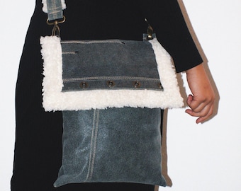 NR.4 Winter City leren tas/ Gerecyclede leren tas/ Leren schoudertas/ Handgemaakte city bag/ Vintage leren tas/ Schoudertas groen