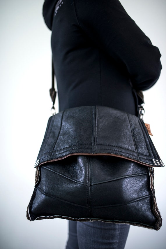 Vintage leren schoudertas gerecyclede leren tas zwarte winter