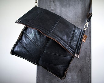 vintage leather shoulder bag/ recycled leather bag/ black winter shoulder bag/ lammy leather bag/ vintage leather bag/ shoulder bag/ leather