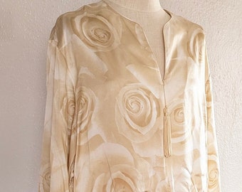 Vintage Neiman Marcus Silk Dressing Gown Robe Size M-L Front Zip Tan Roses