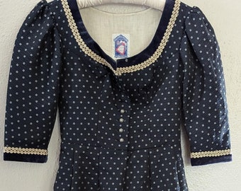 Vintage Einechtes Dirndl Bavarian Dress Puff Sleeve Blue Trachten Dress Size 8US/38