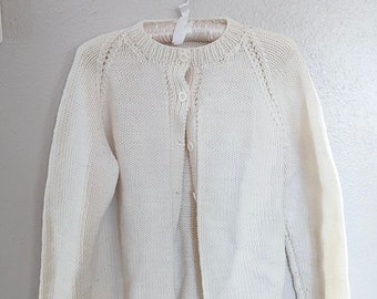 Handknit Heavy Wool Cardigan Women's Size Med Vintage Cream Unique Buttons