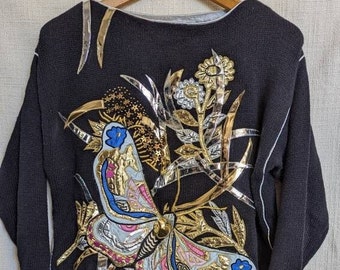 Vintage 80's Bonnie Boerer Metallic Applique Beaded Butterfly Floral Sweater Petite Med Black Petite Size Art