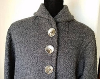 Forstmann Vintage Gray Wool Boucle Long Swing Coat Size Medium Tailored Large Buttons