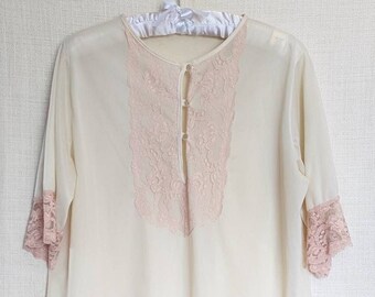 1960s Lounge Pajama Set Pink Size Size 4-6 Nylon Lace Vintage Two Piece