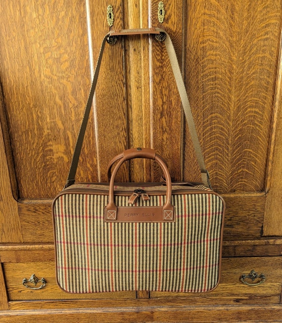 Vintage Perry Ellis Suitcase Plaid Fabric Leather 