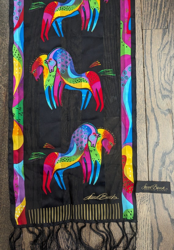 Laurel Burch Rainbow Horses Silk Scarf Fringe 53 x
