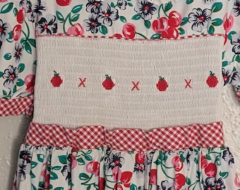 Smocked Floral Cherries Dress Carlisle Plaid 6X Cotton Vintage