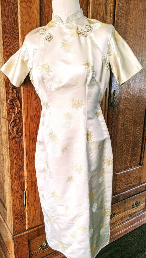 Vintage Gold Cheongsam, Silk Wiggle Dress, Qipao C