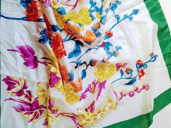 Silk Scarf Floral Hand Rolled 32in Green Yellow O… - image 6