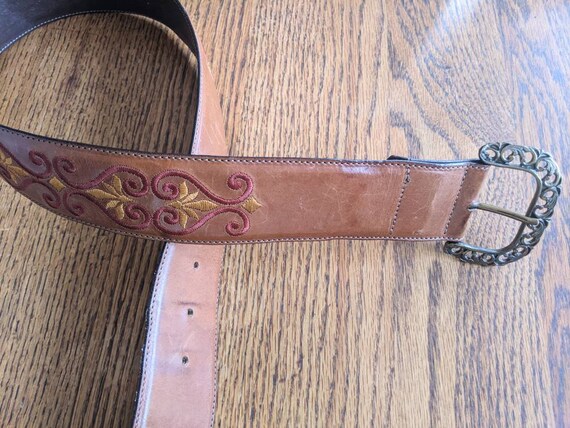 JAEGER Italy Leather Brown Belt Womens Tan Floral… - image 5