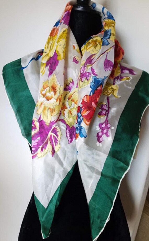 Silk Scarf Floral Hand Rolled 32in Green Yellow O… - image 3