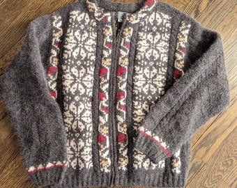 Vintage Sweater Icelandic Lambswool Angora Cardigan Small Zip Front Gray Cream