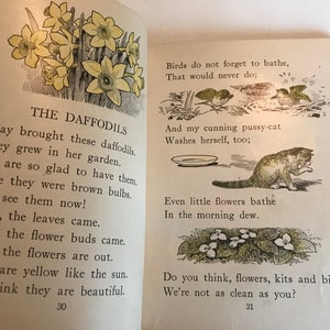 May include: A vintage children's book page with illustrations and text. The text reads "The Daffodils" and describes the flowers growing in a garden. The illustrations show daffodils, a cat washing itself, and small flowers.