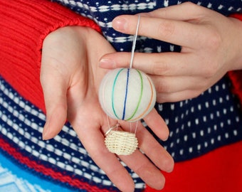 Hand needle felted ornament, Hot Air Balloon Decoration, Hanging Bauble, Gift For Baby Shower, Modern Fun Bauble, New Baby Gift,