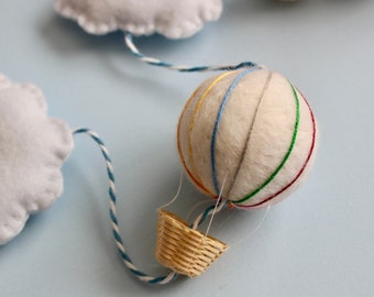 Vertical Nursery Garland, Hot Air Balloon Bunting, Children's Room, Needle Felted Cloud Garland, Neutral Soft Garland, Nursery Wall Art,