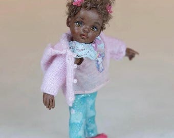 OOAK 1:12 Miniature Doll, Realistic Black Toddler Girl, Custom Dollhouse Figure, Handmade Polymer Clay Art Doll, 1 12 Scale Dollhouse Child