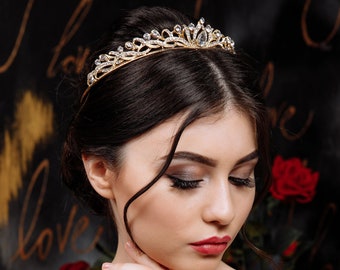 Tiara nupcial de cristal, accesorio dorado para el cabello de novia