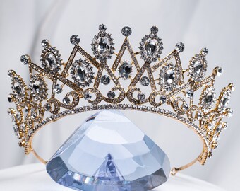 Tiara nupcial de cristal dorado, corona de novia