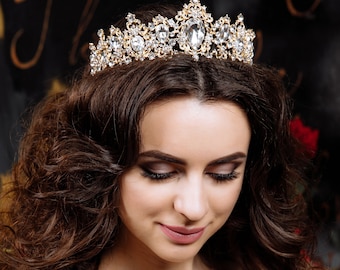 Tiara nupcial de cristal, accesorio dorado para el cabello de novia