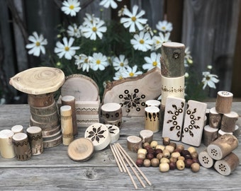 Tree Blocks 85 pieces - Natural Wood Burned Educational Toy - Nature Based Learning, Waldorf, Reggio, Montessori