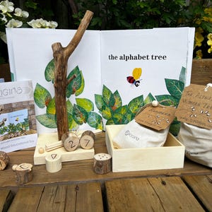 wood burned letters and numbers activity set for forest schools, educational alphabet toy