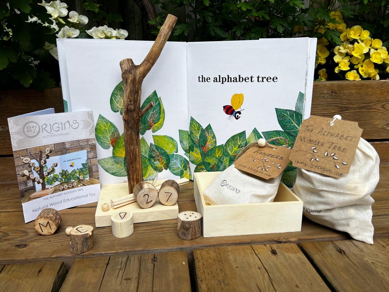 wood burned letters and numbers activity set for forest schools, educational alphabet toy