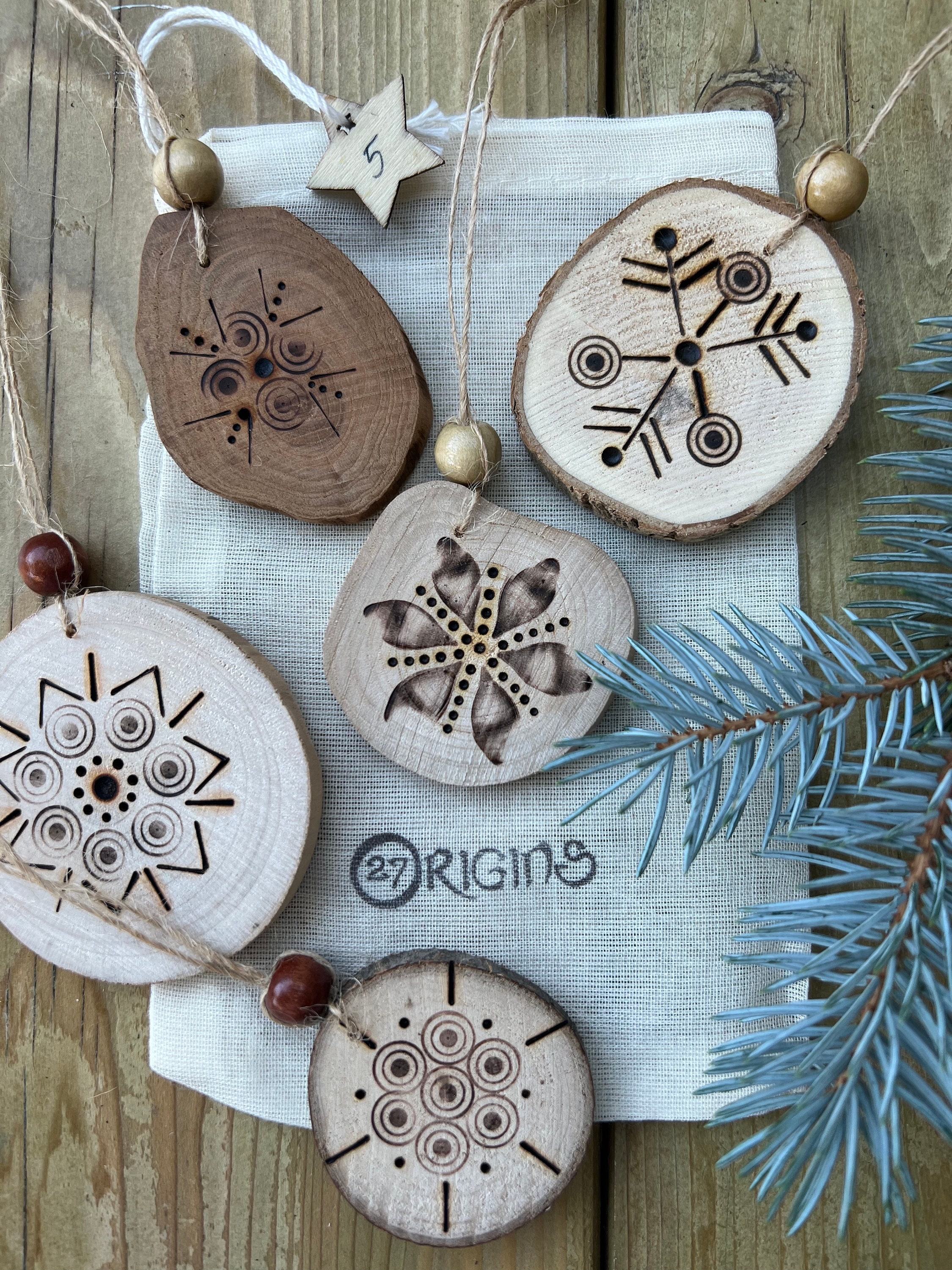 Natural Wood Burned Ornament Set - Rustic Christmas Decor
