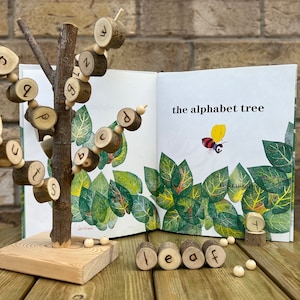 Wooden letter tree toy and book, alphabet tree activity for Reggio Emilia, Waldorf, Montessori and Nature based learning environments
