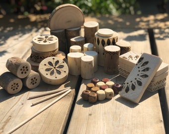 Tree Blocks 45 pieces - Natural Wood Burned Educational Toy - Nature Based Learning, Waldorf, Reggio, Montessori