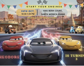 Jackson Storm, Jackson Storm invite, McQueen Cars invite, McQueen Cars, Disney Cars, Sally Cars, Kids Birthday Card