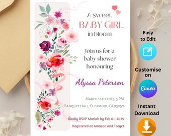 Baby girl In Bloom Invitation, Spring summer floral Baby shower, Printable baby shower, Digital baby shower card, Instant Download
