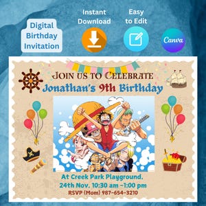 One Piece Birthday Invitation, Editable Birthday Invitation, Printable Birthday Invite, Instant Download, One Piece Luffy Invitation