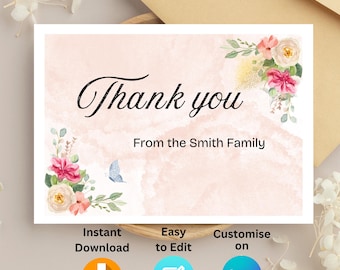Thank You Card Template, Editable Thank you Card, Printable Thank You Card, Floral Thank you, Wedding Thank you Cards, Instant Download