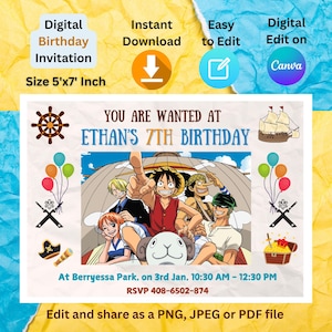 One Piece Birthday Invitation, Editable Birthday Invitation, Printable Birthday Invite, Instant Download, One Piece Luffy Invitation