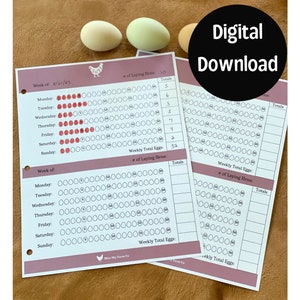 May include: Digital download of printable chicken egg laying trackers. Two mauve-colored sheets feature daily egg-counting grids, weekly totals, and space to record the number of laying hens.  Each sheet provides multiple weeks of tracking.  The text includes 'Week of', 'Monday' through 'Sunday', 'Weekly Total Eggs', and '# of Laying Hens'.  A small illustration of a hen is also included.