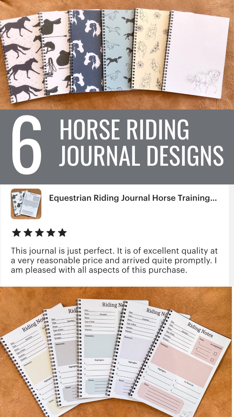 Op de afbeelding: Zes verschillende ontwerpen voor paardrijdjournaals. Elk dagboek heeft een andere paardsillustratie op de omslag. De dagboeken zijn spiraalgebonden en hebben een witte achtergrond. De tekst "6 HORSE RIDING JOURNAL DESIGNS" wordt bovenaan de afbeelding weergegeven. De tekst "Equestrian Riding Journal Horse Training..." wordt onder de dagboeken weergegeven.