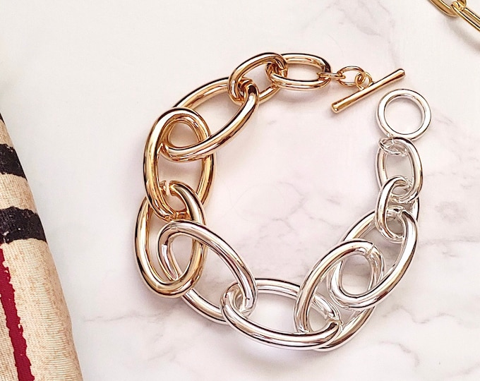 Gold and Silver Link Bracelet, Stack Bracelet, Gold Link Bracelet, Chunky Bracelet, Stacking Bracelet, Bold Gold Bracelet
