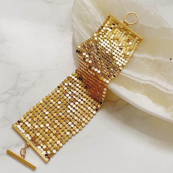 Wide Gold Plated Metal Mesh Bracelet, Gold Link Bracelet, Fancy Gold Bracelet, Wide Flat Chain Bracelet, Simple Bracelet