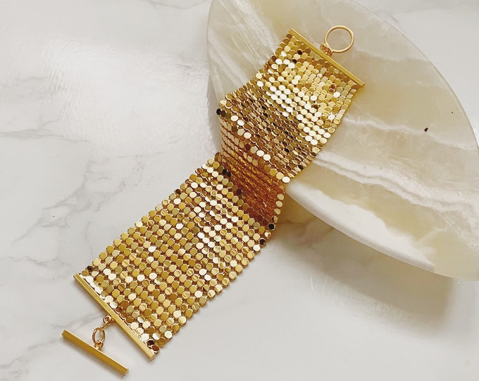 Wide Gold Plated Metal Mesh Bracelet, Gold Link Bracelet, Fancy Gold Bracelet, Wide Flat Chain Bracelet, Simple Bracelet