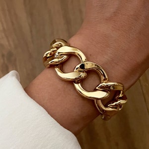 Djärvt platt guldkedjearmband, Djärvt festarmband, Guldlänkarmband, Lyxigt armband, Grovt armband