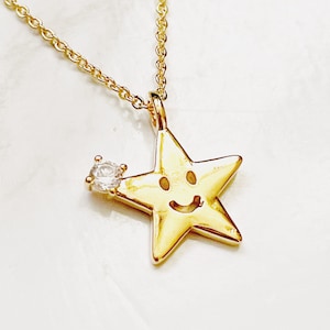 Star Pendant Necklace, Smiley Gold Necklace, Minimalist Necklace, Gold Plated Minimalist Necklace, Crystal Pendant Necklace