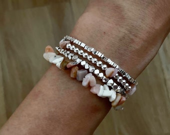 Bracelet en argent opale rose, bracelet en argent sur hamatite, bracelet pile, bracelet hématite