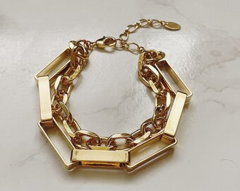 Doppelketten-Goldarmband, Rechteckkettenarmband, Minimalist-Armband, geschichtetes Kettenarmband